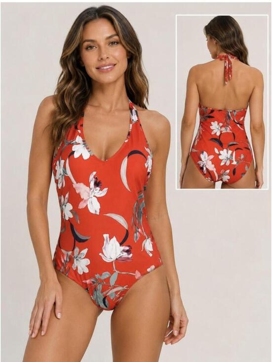Athleta Other - Athleta Waimea Floral Halter Plunge One Piece Swimsuit Cherry Red White Floral